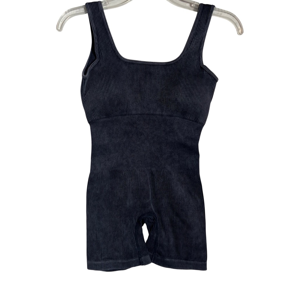 Zenana Mineral Wash‎ Ribbed Seamless Romper Black S/M Athleisure Bodysuit